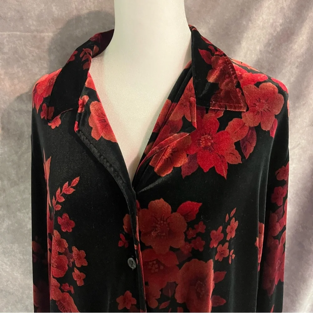 Sag Harbor Floral Velvet Button-Up Shirt Shiny Vintage Retro Party XL - Picture 1 of 16